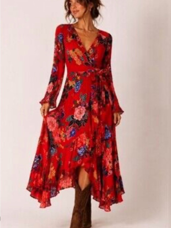 Anthropologie Dresses & Skirts - NWT Anthropologie Red Floral Wrap Midi Dress W/Tie Waist Long Sleeve Bohemian